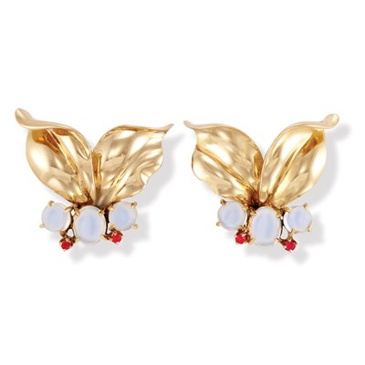 Lot 534 - Pair of Gold, Moonstone and Ruby Earclips