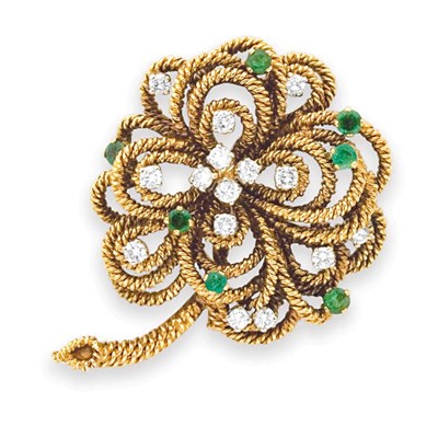 Lot 245 - Gold, Diamond and Emerald Flower Clip-Brooch, Vourakis