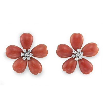 Lot 74 - Pair of Carved Coral and Diamond Flower Earrings