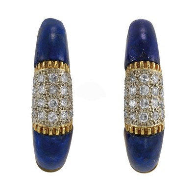Lot 241 - Pair of Gold, Lapis and Diamond Hoop Earclips
