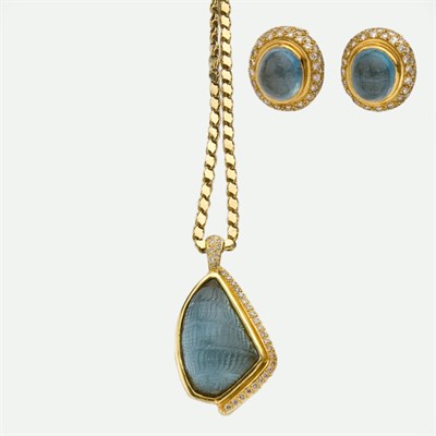 Lot 322 - Pair of Cabochon Aquamarine and Diamond Earclips and Carved Aquamarine and Diamond Pendant with Gold Chain