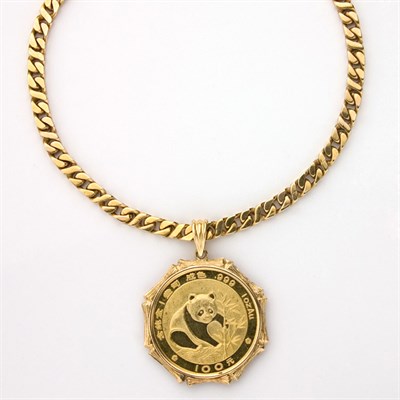 Lot 327 - Long Gold Curb Link Chain Necklace with Gold Chinese Medallion Pendant