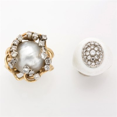 Lot 688 - Mabe Pearl and Diamond Ring and White Enamel and Diamond Ring
