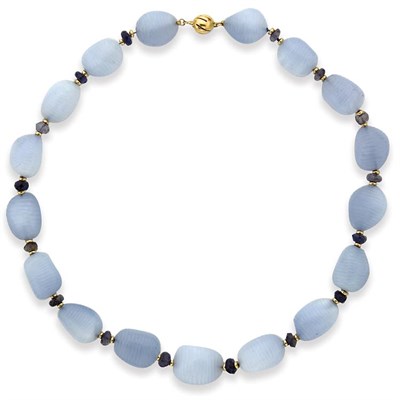Lot 386 - Fluted Tumbled Blue Chalcedony, Iolite and Gold Bead Necklace, Seaman Schepps
