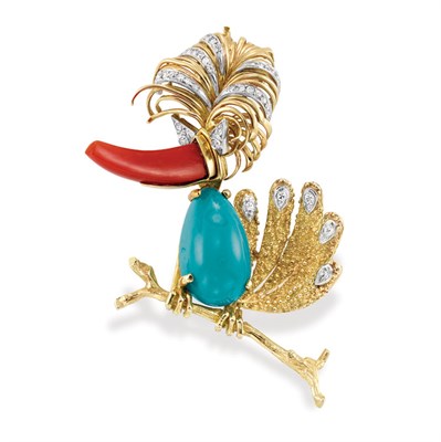 Lot 433 - Gold, Coral, Diamond and Simulated Turquoise Toucan Clip-Brooch