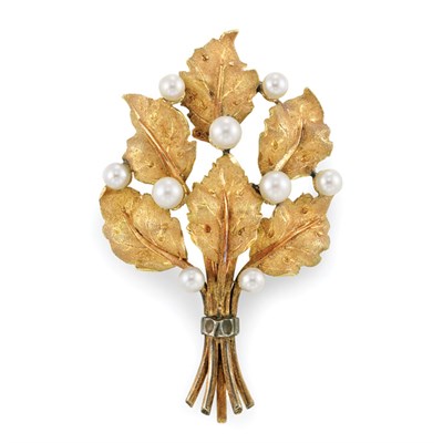Lot 429 - Gold and Cultured Pearl Leaf Clip-Brooch, Buccellati