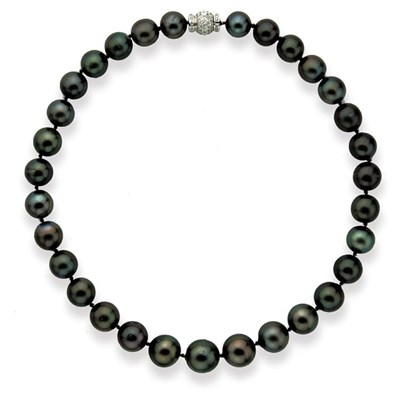 Lot 269 - Black Cultured Pearl Necklace with White Gold and Diamond Clasp