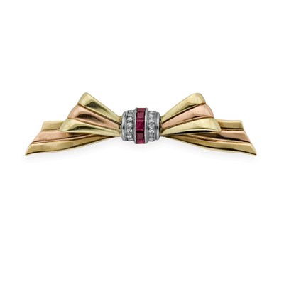 Lot 47 - Two-Color Gold, Platinum, Diamond and Ruby Bow Brooch