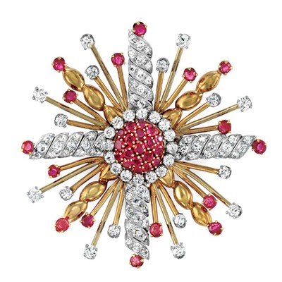 Lot 530 - Gold, Platinum, Ruby and Diamond Clip-Brooch