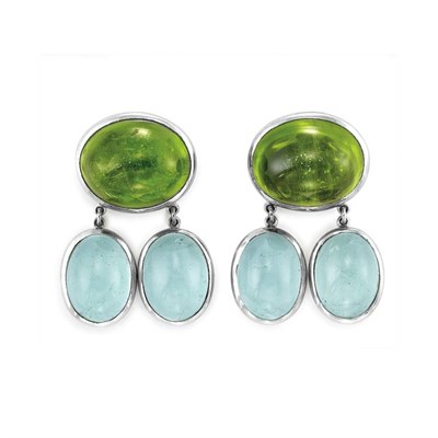 Lot 101 - Pair of White Gold, Cabochon Peridot and Aquamarine Pendant-Earclips