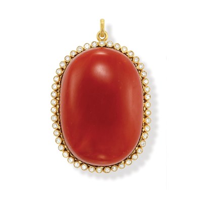 Lot 435 - Gold, Oxblood Coral and Diamond Pendant