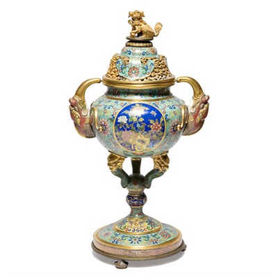 Lot 283 - Chinese Cloisonne Footed Censer Of ovoid form,...