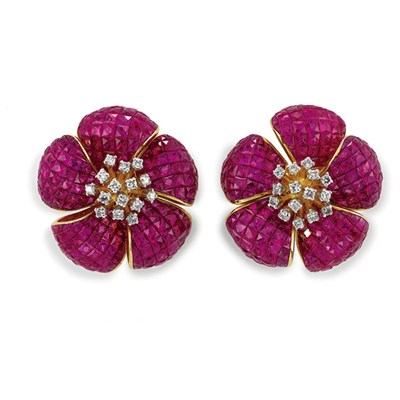 Lot 279 - Pair of Invisibly-Set Ruby and Diamond Flower Earrings