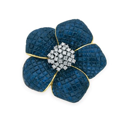 Lot 61 - Invisibly-Set Sapphire and Diamond Flower Clip-Brooch