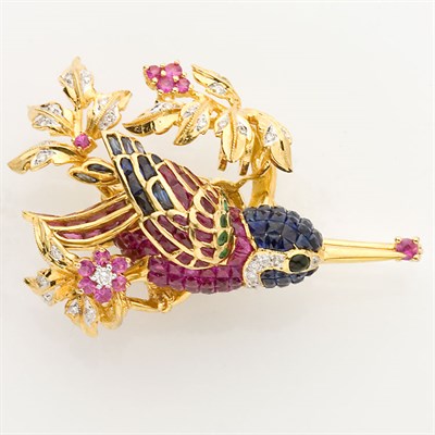 Lot 806 - Gold, Colored-Stone and Diamond Bird Brooch