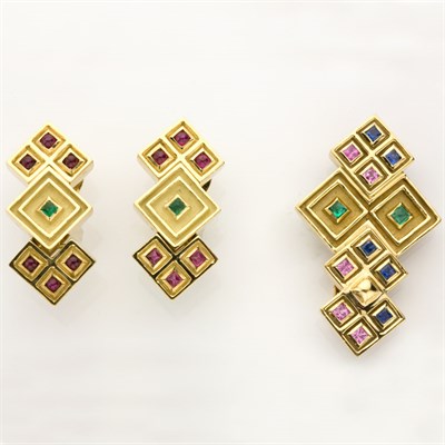 Lot 681 - Gold and Colored Stone Clip-Brooch and Pair of Earclips