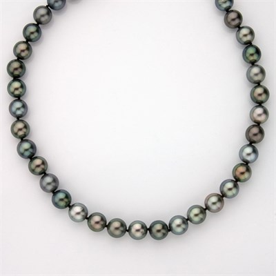 Lot 326 - Black Cultured Pearl Necklace with White Gold, Diamond and Sapphire Clasp