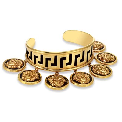 Lot 110 - Gold and Black Enamel Medallion Fringe Cuff Bangle Bracelet, Gianni Versace