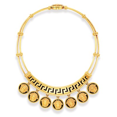 Lot 109 - Gold and Black Enamel Medallion Fringe Necklace, Gianni Versace