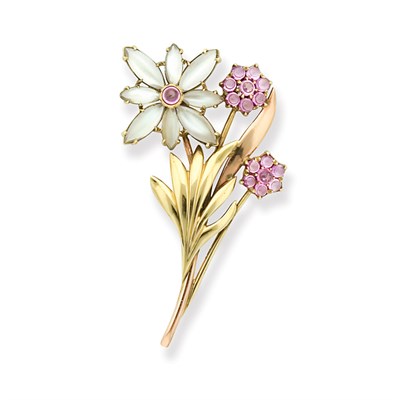 Lot 76 - Two-Color Gold, Moonstone and Cabochon Pink Sapphire Flower Brooch