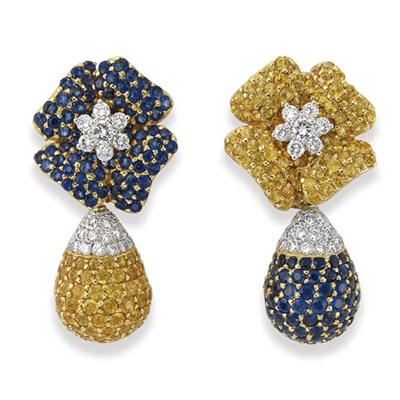 Lot 63 - Pair of Gold, Sapphire, Yellow Sapphire and Diamond Flower Pendant-Earclips