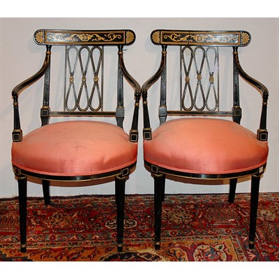 Lot 487 - Pair of Regency Style Black Painted Armchairs