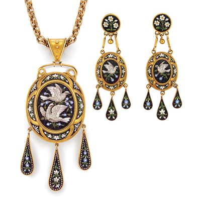 Lot 397 - Pair of Antique Gold and Micromosaic Pendant-Earrings and Pendant with Chain