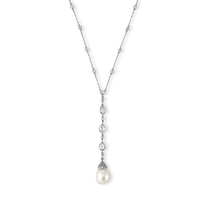 Lot 418 - Platinum, Natural Pearl and Diamond Pendant-Necklace