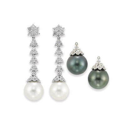 Lot 268 - Pair of Diamond and Black and White Cultured Pearl Pendant-Earrings