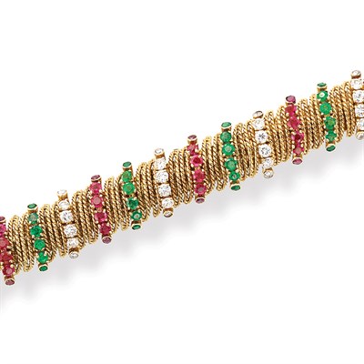 Lot 498 - Gold, Diamond, Emerald and Ruby Bracelet