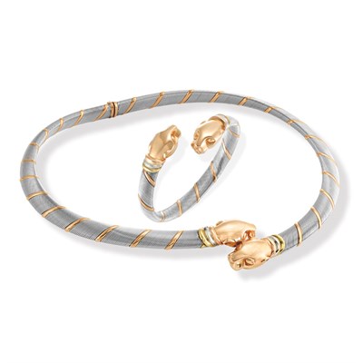 Lot 473 - Stainless Steel and Gold Panther Head Necklace and Bangle Bracelet, Cartier