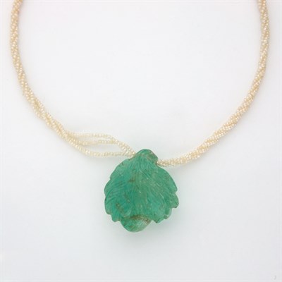 Lot 403 - Triple Strand Twisted Seed Pearl Necklace with Carved Emerald Pendant