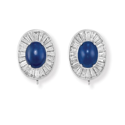 Lot 462 - Pair of Cabochon Sapphire and Diamond Earclips, Van Cleef & Arpels