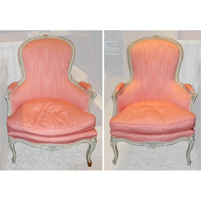 Lot 145 - Pair of Louis XV Style Painted Bergeres en...