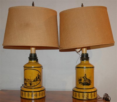 Lot 485 - Pair of Yellow Painted Tole Lamps Height 24...