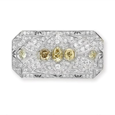 Lot 292 - Platinum, Yellowish-Brown Diamond and Diamond Brooch
