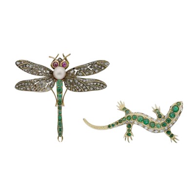Lot 307 - Emerald and Diamond Lizard Brooch and Antique Diamond, Emerald, Pearl and Ruby Dragonfly Brooch