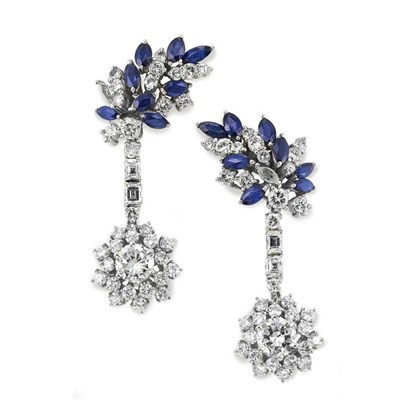 Lot 88 - Pair of Diamond and Sapphire Pendant-Earrings