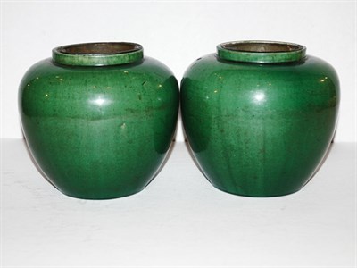 Lot 343 - Pair of Green Glazed Pottery Vases with Metal...