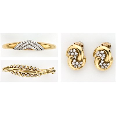 Lot 301 - Two Gold and Diamond Bangles and Pair of Earclips