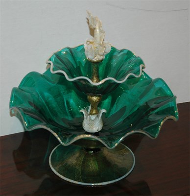 Lot 221 - Italian Green Glass Two-Tier Centerpiece...