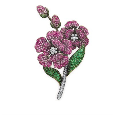 Lot 64 - Pink Sapphire, Green Garnet and Diamond Rose Clip-Brooch