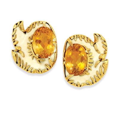 Lot 431 - Pair of Gold, Bone and Citrine Earclips