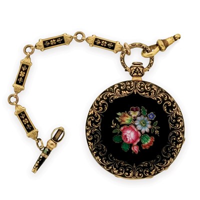 Lot 168 - Antique Gold and Enamel Open Face Pendant-Watch with Fob and Key