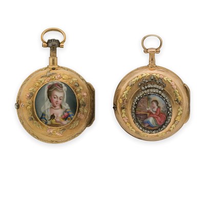 Lot 117 - Two Antique Gold, Diamond and Portrait Miniature Open Face Pocket Watches