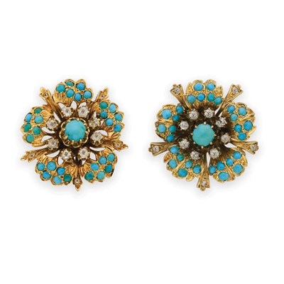 Lot 237 - Pair of Gold, Turquoise and Diamond Flower Earclips