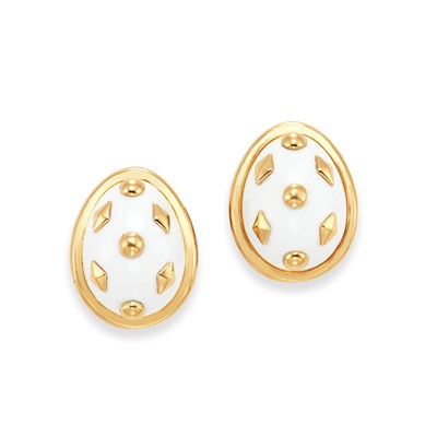 Lot 482 - Pair of Gold and White Enamel Earclips, Schlumberger, Tiffany & Co.