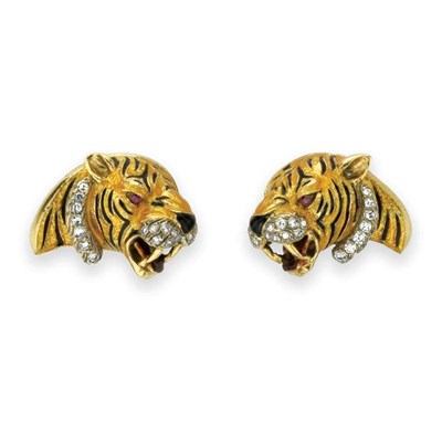 Lot 313 - Pair of Gold, Enamel and Diamond Tiger Earclips