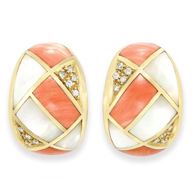 Lot 505 - Pair of Gold, Coral, Mother-of-Pearl and Diamond Earclips