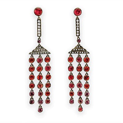 Lot 165 - Pair of Padparadscha Sapphire and Diamond Pendant-Earrings, Laura Munder